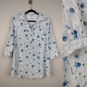 ROYAL ROBBINS White/Blue Floral Lightweight Half Button Pullover Blouse Sz L